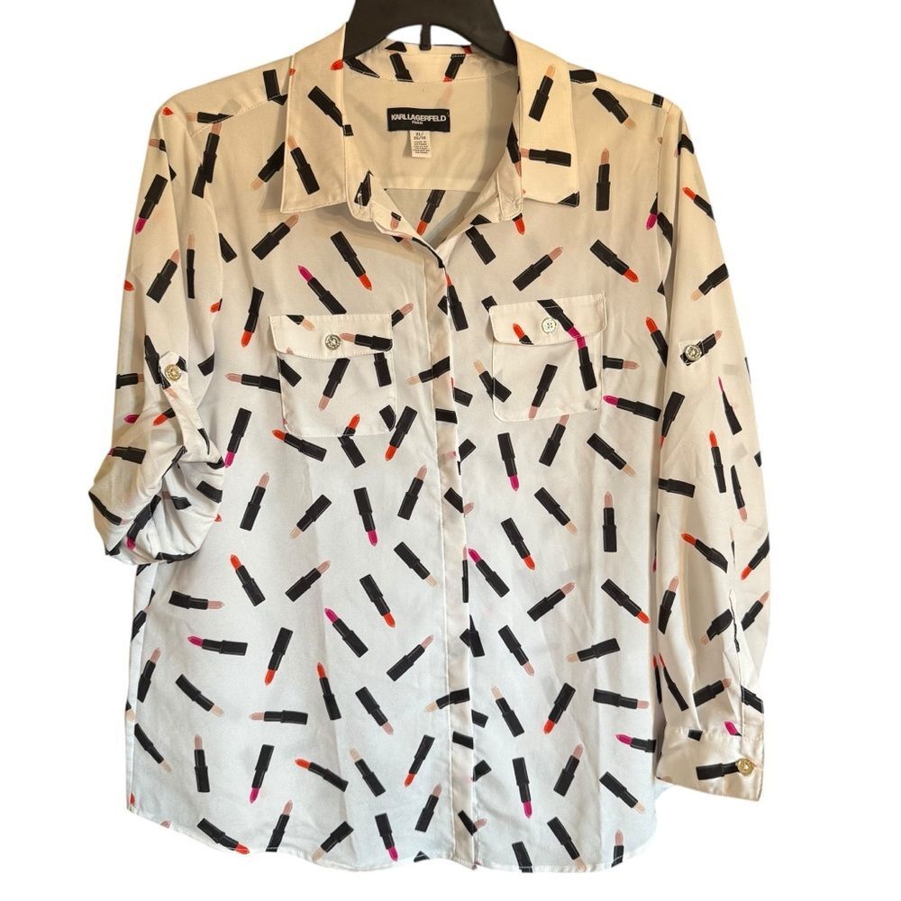 Karl Lagerfeld Paris Women’s White Lipstick Pattern Button Down Shirt Size XL